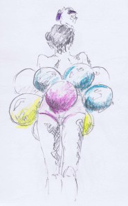 Kitty Ribbons posing with balloons, this time pencil and crayon sketch