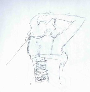 pencil sketch of burlesque life model Ally Katte, from back, corset