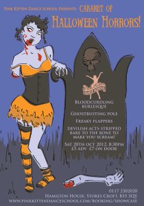 pink kitten cabaret of halloween horrors poster illustrated by laura elliott
