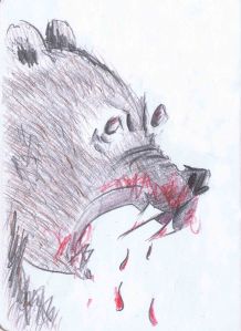 pencil sketch of angry bear having just mauled a victim