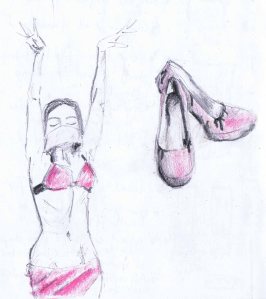 pencil drawing of belly dance costume, and high heel shoes