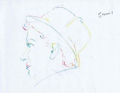 Didi Curv'e burlesque performer modelling for Dr Sketchy Bristol - multi coloured pencil sketch of her face