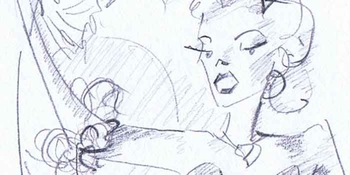 pencil sketch of a burlesque performer with white feather fans and a white costume