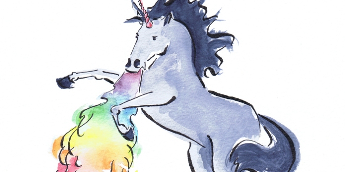 Watercolour painting of a grey rainbow breathing unicorn by Laura Elliott of Drawesome Illustration