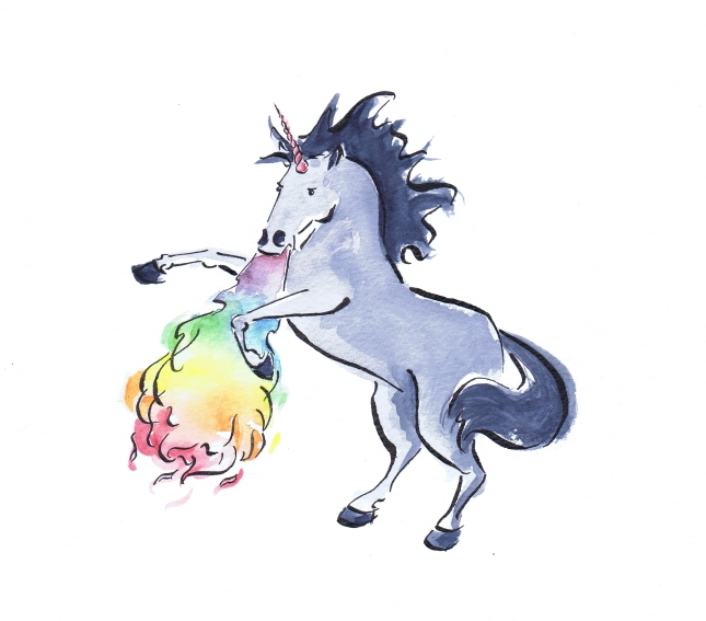 Watercolour painting of a grey rainbow breathing unicorn by Laura Elliott of Drawesome Illustration