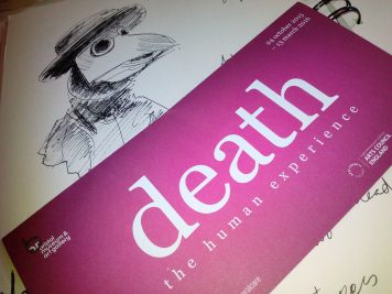 leaflet for death the human experience at Bristol Museum and an illustration of a plague doctor's hood by Drawesome
